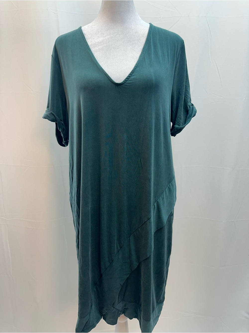 dolan Teal V-Neck Midi Dress with Rolled Short Sleeves
